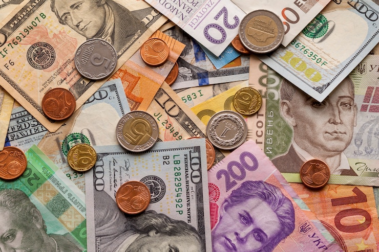 Photo colorful abstract background made of different metal coins, american, ukrainian bills and euro banknotes currency. money and finances, successful investment concept.