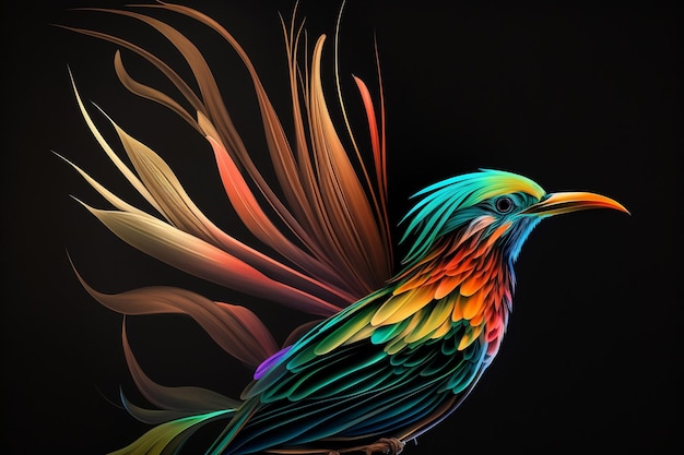 Красочная абстрактная райская птица на черном фоне Генеративный AI
