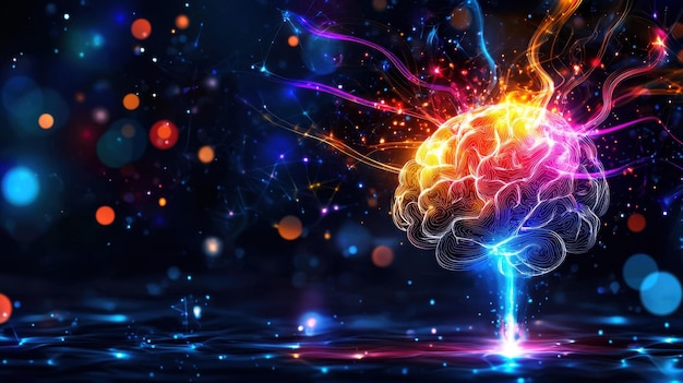 colorful abstract brain with illuminated energy on dark background