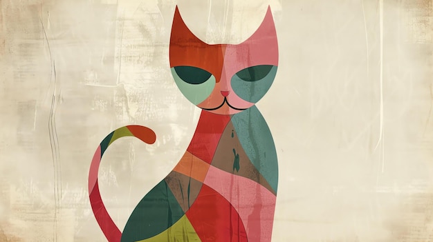 A colorful abstract cat made of geometric shapes The cat is sitting and looking at the viewer The background is a light beige color