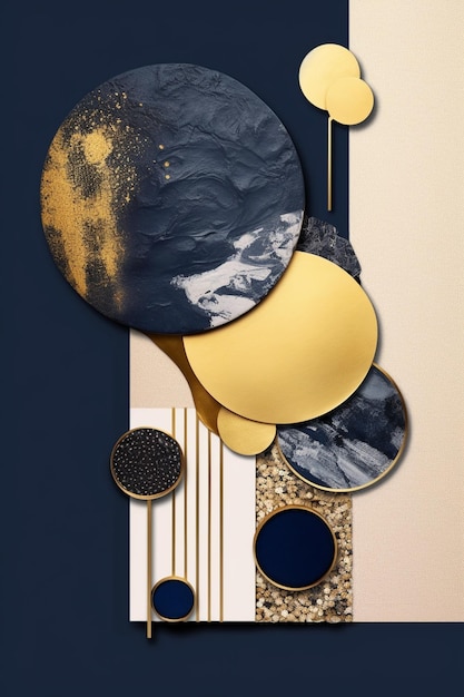 A colorful abstract design with gold and black circles.