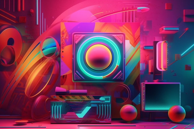 A colorful abstract design with a mix of neon and retro tones and hues inspired by vintage advertise