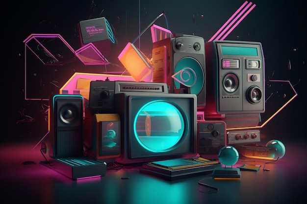 A colorful abstract design with a mix of neon and retro tones and hues inspired by vintage advertise