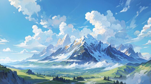 Colorful abstract fantasy illustration painting of mountain cloud and landscape