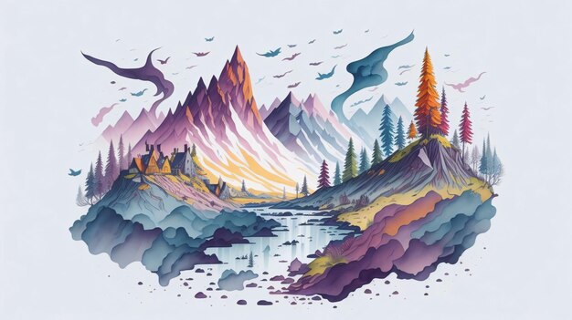 Foto colorata illustrazione astratta dell'acquerello di fantasia o pittura della natura e del paesaggio