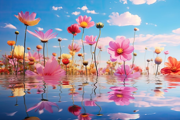 Colorful abstract flowers floating in sky on mirror