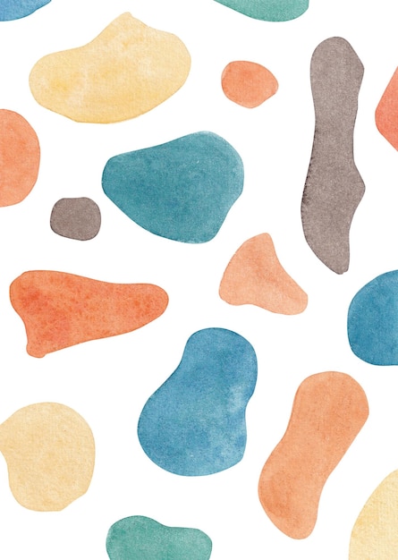 Colorful abstract hand drawn terrazzo pattern in watercolor white background