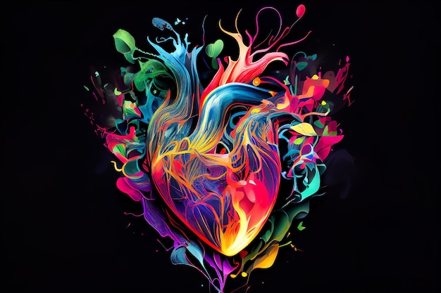 Colorful abstract heart on black background Generative AI