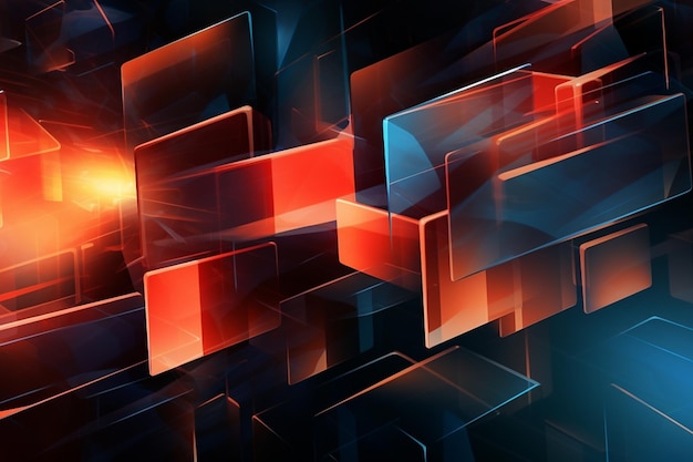 A colorful abstract illustration of a cube with a red and blue background.