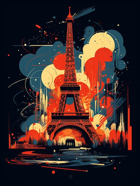 Красочная и абстрактная иллюстрация культовой Эйфелевой башни