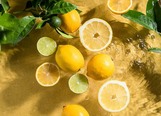 Colorful abstract image fruit citrus lemon water splashing fresh transparent surface flecks Flat lay top view Copy space Summer beach tropical