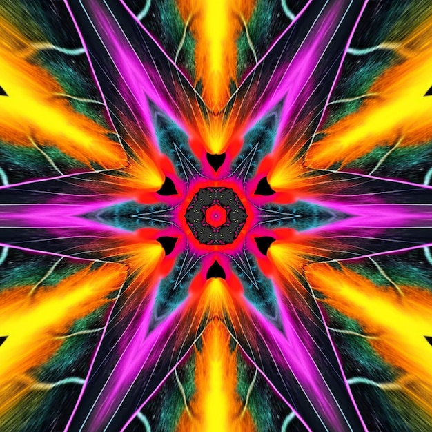 A colorful abstract image with a large flower design in the center.