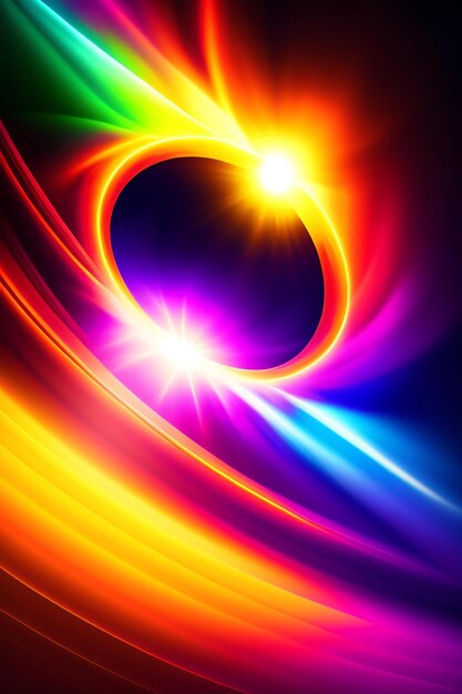 Colorful abstract light rings lens flare shining neon burst of glowing solar eclipse
