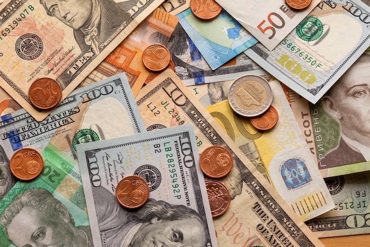 Photo colorful abstract made of different metal coins, american, ukrainian bills and euro banknotes currency. money and finances, successful investment concept.