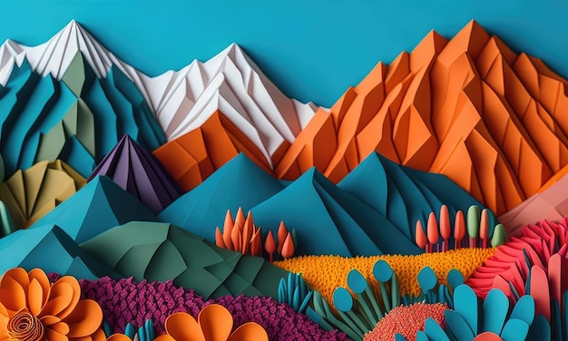 Colorful abstract mountain landscape with fields in the rainbow color of paper flowers