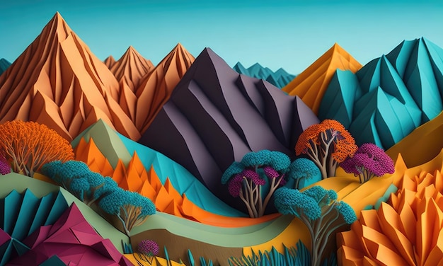 Colorful abstract mountain landscape with fields in the rainbow color of paper flowers