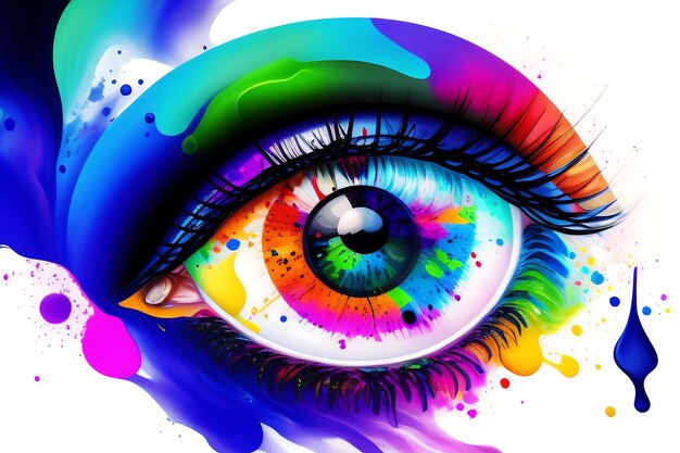 Colorful abstract paint splatter closeup of an eye with eyelashes pretty iris and makeup