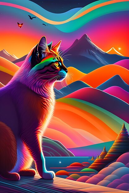 Colorful abstract painting of a cat in silhouette overlooking a sunset landscape