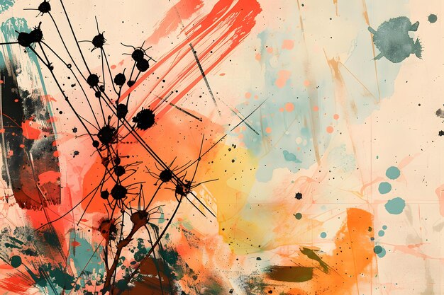 Фото Красочная абстрактная картина с выразительными брызгами краски и динамическими штрихами кисти