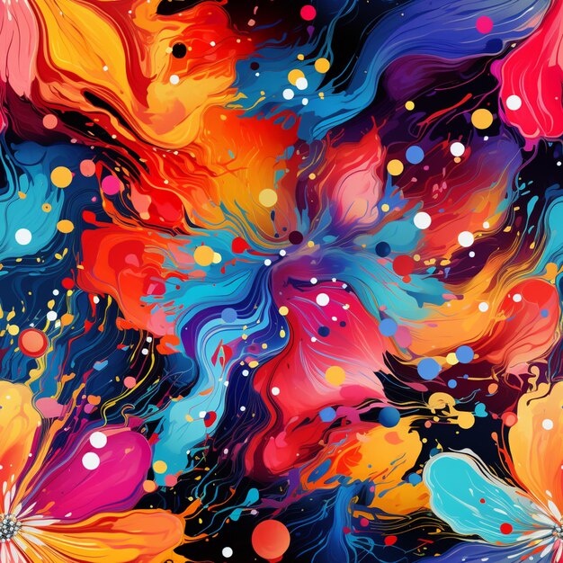 Colorful abstract painting of flowers and bubbles on a black background generative ai