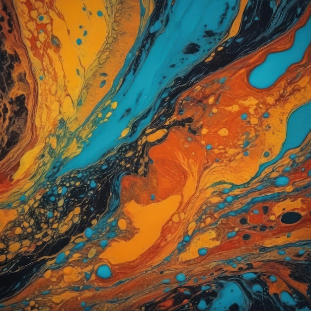 a colorful abstract painting is in black blue yellow and orange