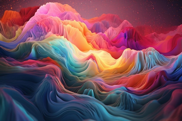 A colorful abstract painting of a mountain range