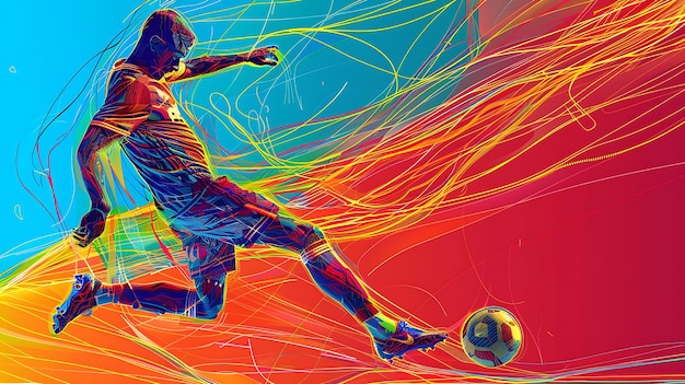 動いているサッカー選手のカラフルな抽象的な絵画