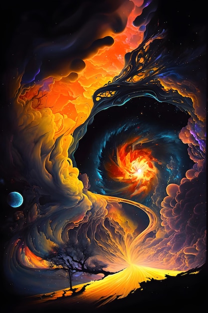 A colorful abstract painting of a spiral with a dragon on the center.