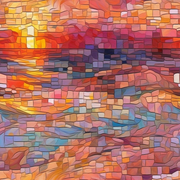 a colorful abstract painting of a sunset with a reflection of the sky.