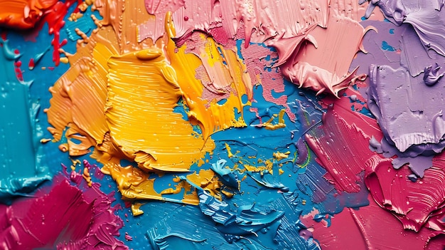 Фото Красочная абстрактная живопись толстые масляные краски в ярких цветах розовый желтый синий и фиолетовый