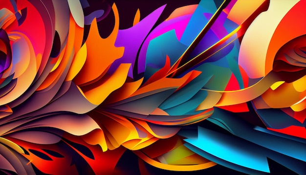 A colorful abstract painting with a background of leaves and flowers.