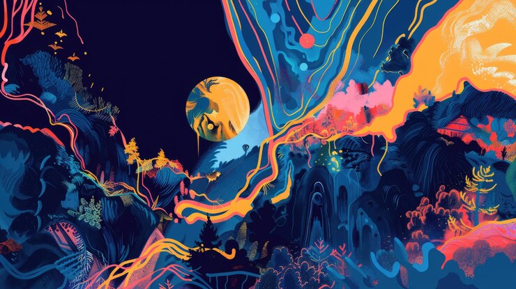 Photo colorful abstract painting with a blue background and a bright yellow moon aiga