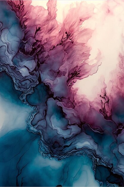 A colorful abstract painting with a blue background and a pink background.