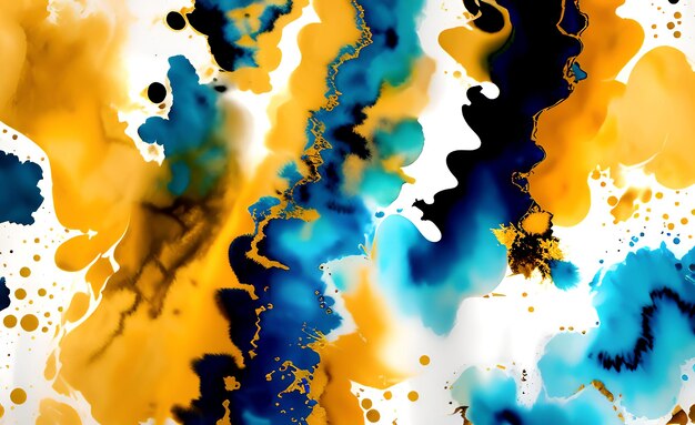 A colorful abstract painting with a blue and yellow background