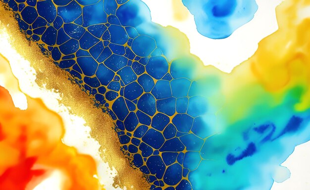 A colorful abstract painting with a blue and yellow background