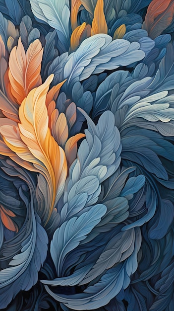 A colorful abstract painting with a feather design