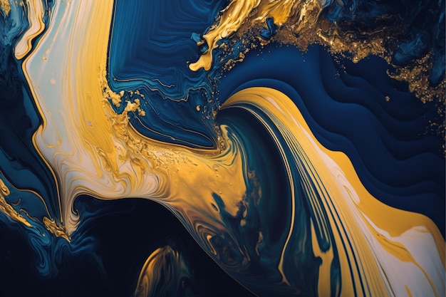 A colorful abstract painting with gold and blue colors.