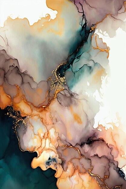 A colorful abstract painting with gold and blue colors.