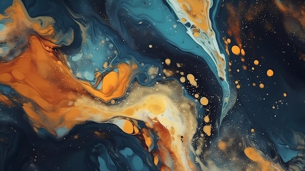 A colorful abstract painting with gold and blue paint