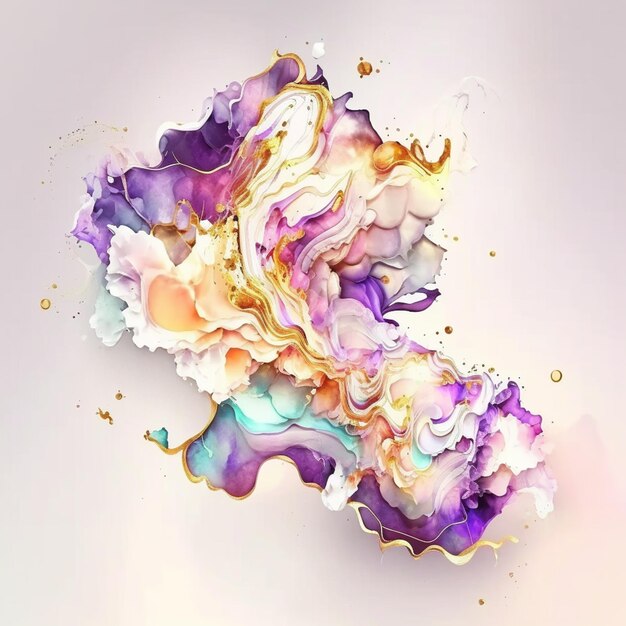 A colorful abstract painting with gold and purple colors