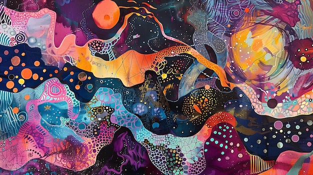 Colorful abstract painting with vibrant colors and a variety of shapes and patterns