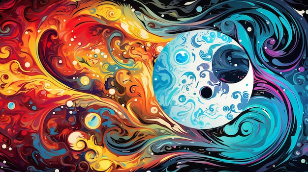 Photo a colorful abstract painting with yin yang symbols intertwined