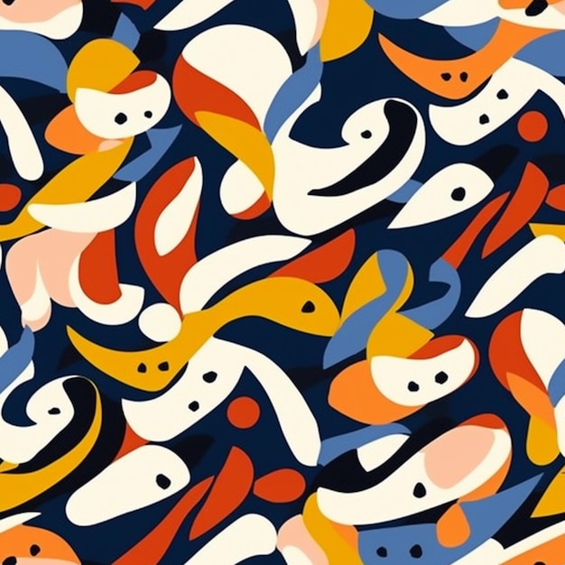 a colorful abstract pattern of birds and fish on a blue background generative ai