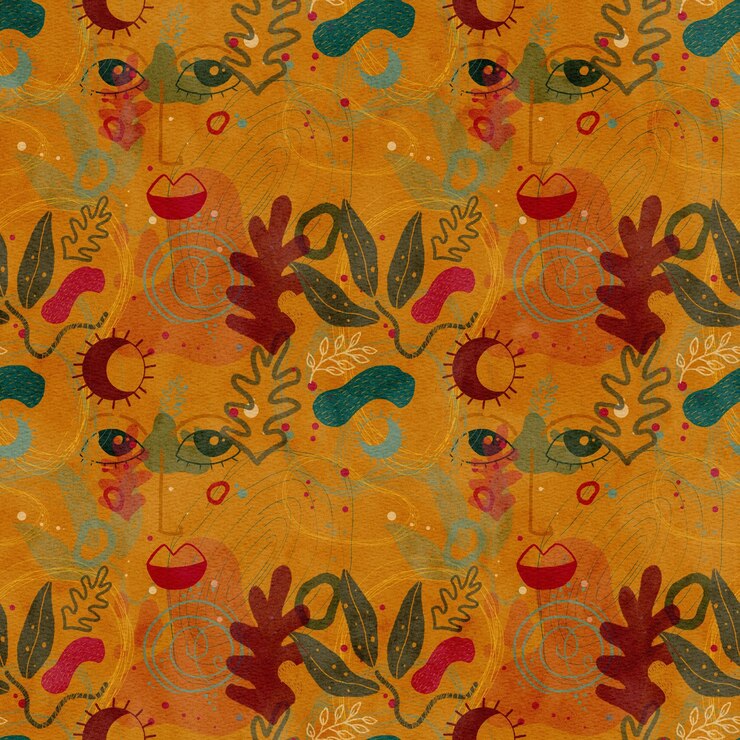 फोटो a colorful abstract pattern incorporating eyes alongside various nature elements