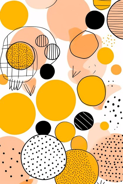 A colorful abstract pattern with black and yellow circles and dots.