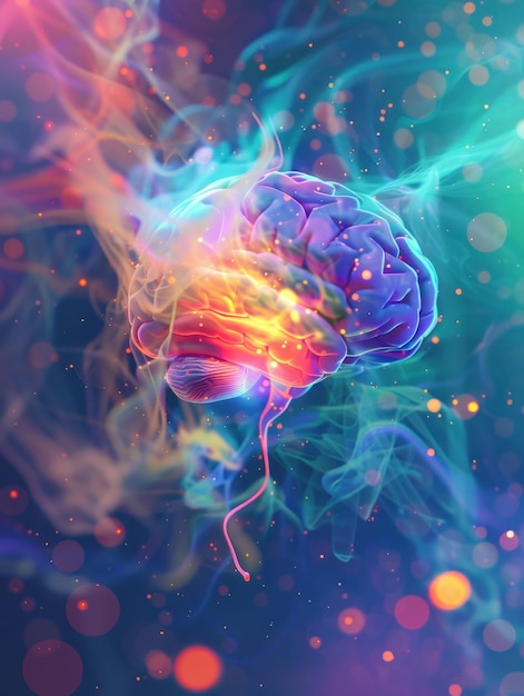 colorful abstract representation of a brain surrounded by vibrant smoke and particles