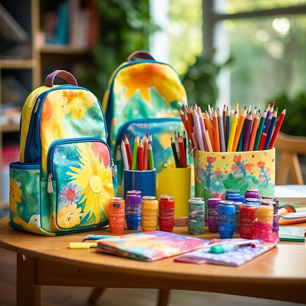 Photo colorful abstract school bags on the desk