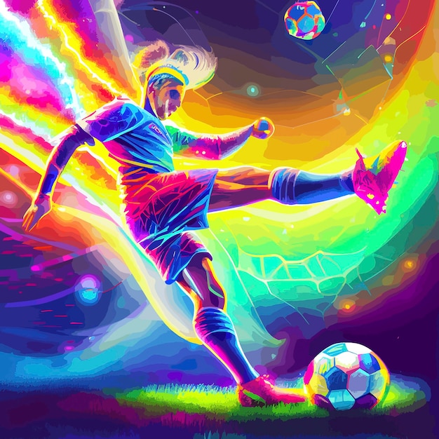 Colorful abstract soccer player kicking the ball