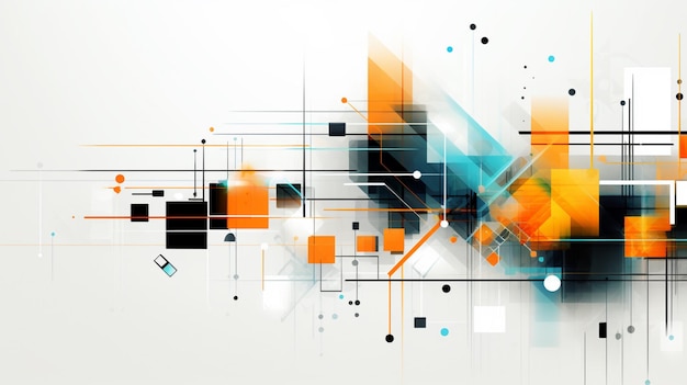 A colorful abstract technology design featuring geometric shapes set against a white background and rendered in dark aquamarine and orange inspired by the quadratura art technique