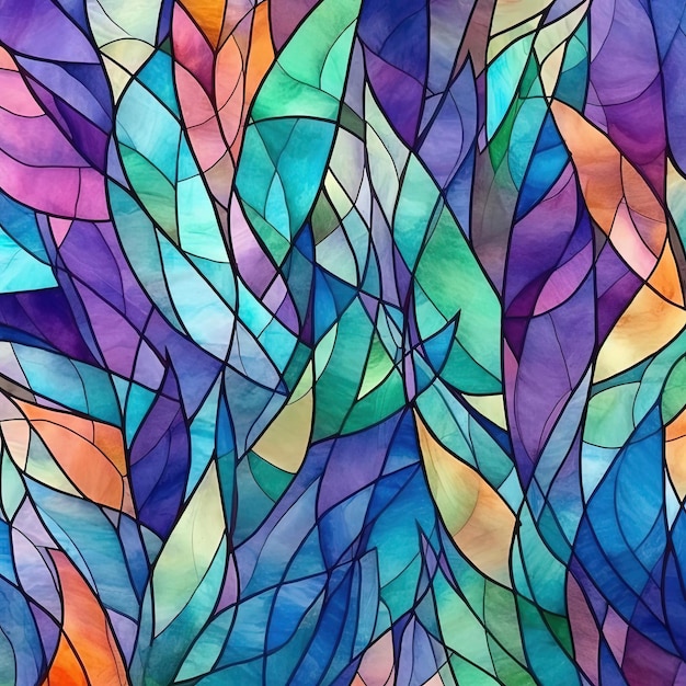 a colorful abstract watercolor with leaves in the style of stained glass effect